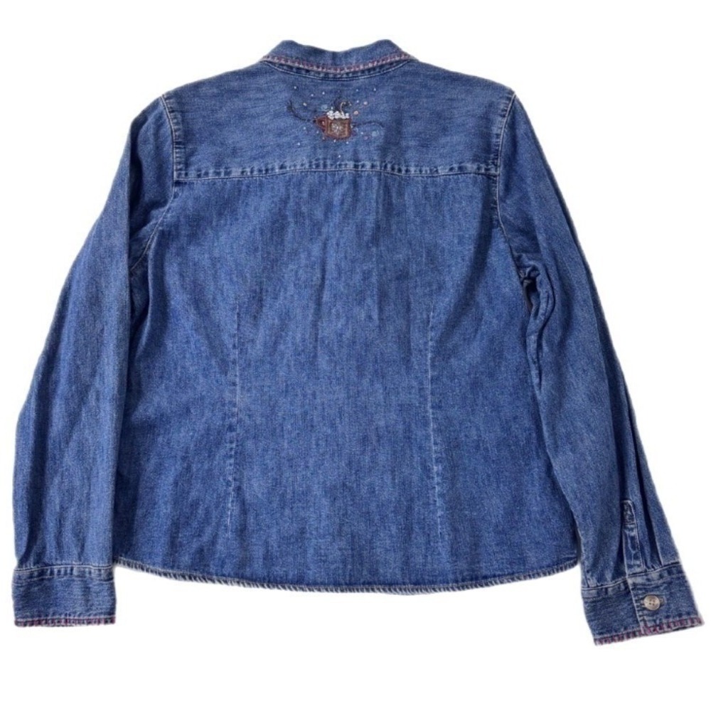 Christopher & Banks Denim Shirt XL Women Blue Cottage Core Coffee Embroidered - Picture 3 of 10
